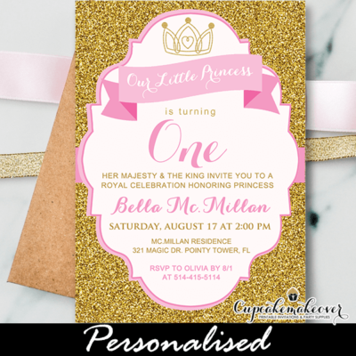 gold glitter pink first birthday princess invitation girl