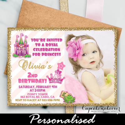 soft pink stripes gold glitter first birthday princess invite