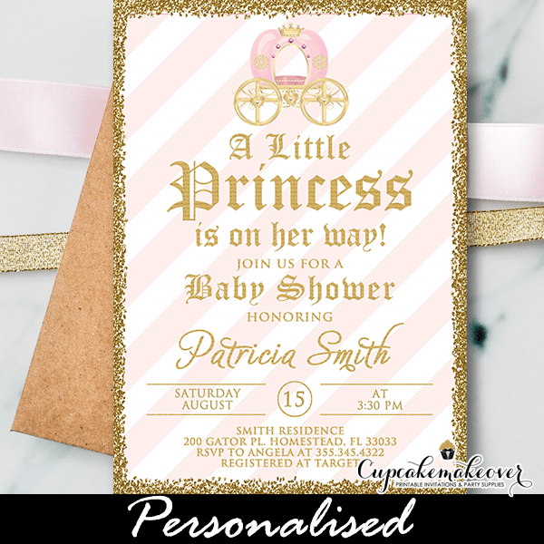 pink gold glitter royal princess baby shower invitation
