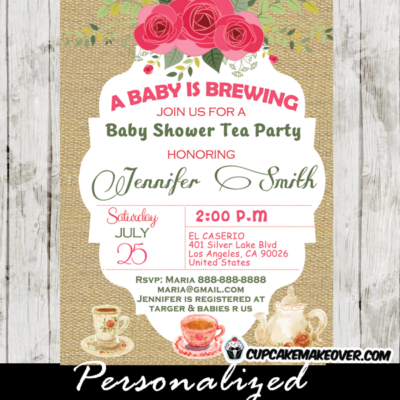shabby chic burlap tea party baby shower invitations