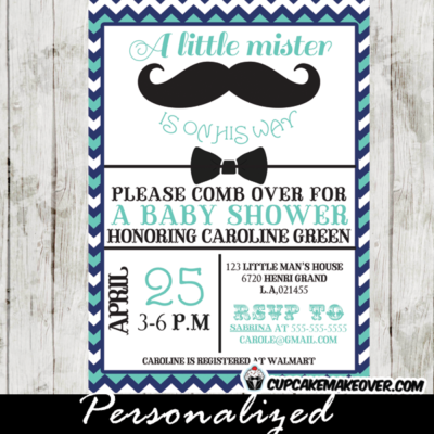 mustache and bow tie baby shower invitations blue chevron