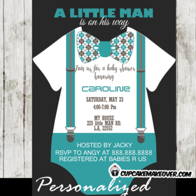 teal little man bow tie invitations baby shower