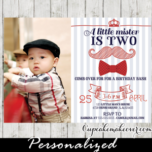hipster boy red bow tie mustache birthday invitations