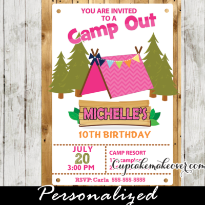 barn wood camping party invitations for girls