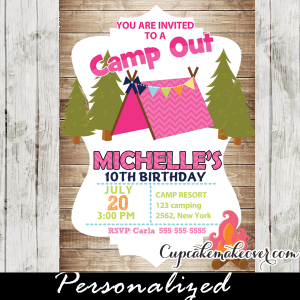 printable camping birthday party invitations girls