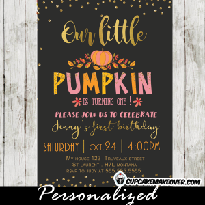 gold pink pumpkin first birthday invitations