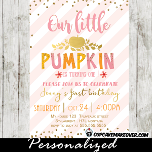 pumpkin 1st birthday invitations gold glitter pink