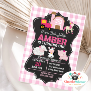 girl farm birthday party barnyard animals invitation barn wood pink tractor