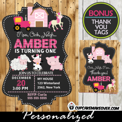 printable girl farm birthday party barnyard animals invitation barn wood pink tractor