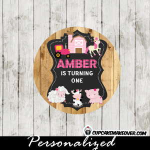 pink tractor Girl Farm Animal Cupcake Toppers barnyard favor tags