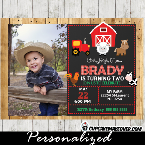 printable farm birthday barnyard animals photo invitation barn wood red tractor