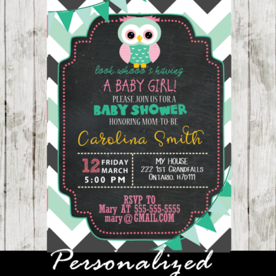 pink mint green owl themed baby shower invitations