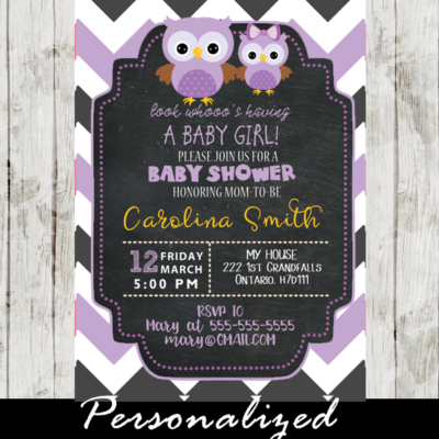 purple owl baby girl shower invitations