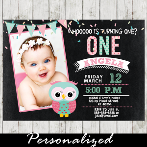 baby girl first birthday owl theme photo invites