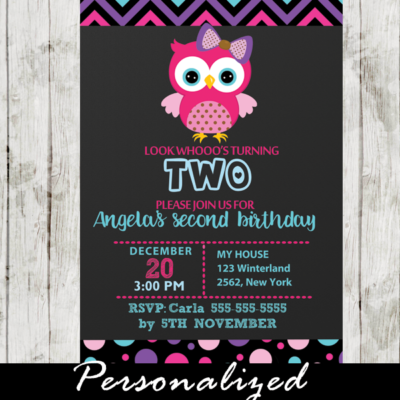 pink owl birthday invitation