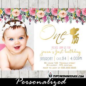 willow deer birthday invitations floral gold girl