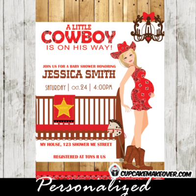 red pregnant cowgirl baby shower invitations western barn wood country blonde
