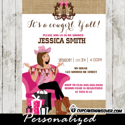burlap pink pregnant cowgirl baby shower invitations