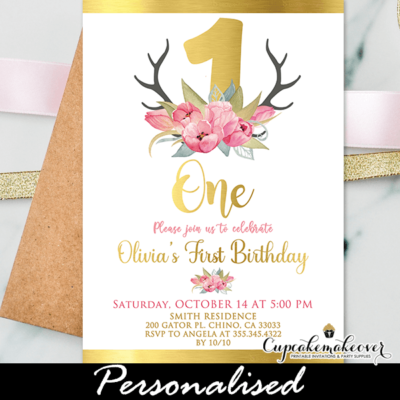 pink floral antlers little deer birthday invitations girl gold foil