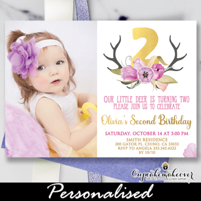 woodland theme floral antlers little deer birthday invitations photo girl