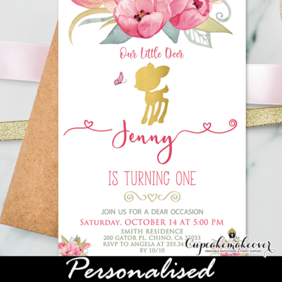pink floral willow deer birthday invitations