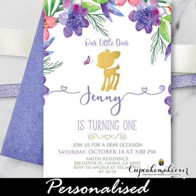 purple floral willow deer birthday invitations