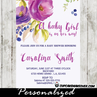 elegant floral watercolor baby shower invitations purple violet mauve colors