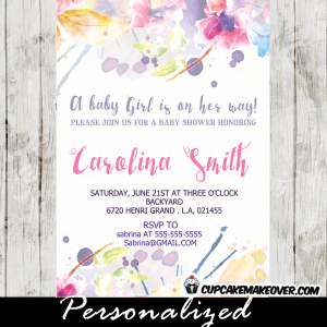 whimsical garden watercolor floral baby shower invitations