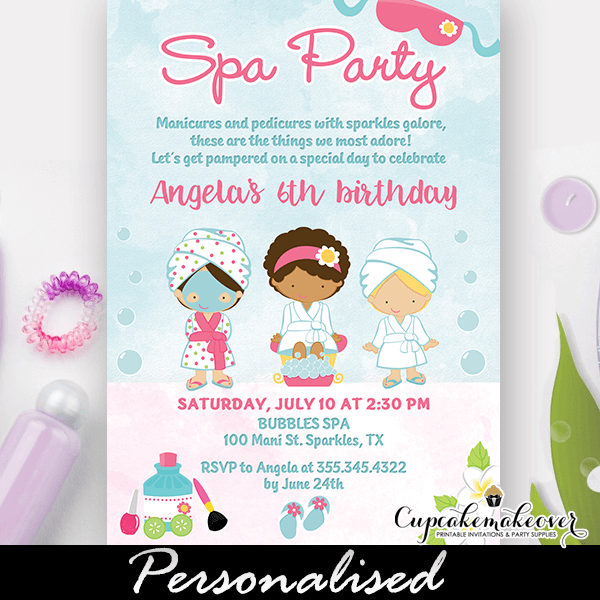 Pamper party make up personalised invitations party bag chocolate bar thank you 