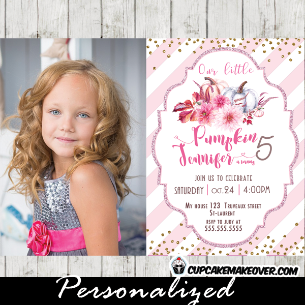 pumpkin invitations birthday photo online pink stripes gold glitter floral burgundy