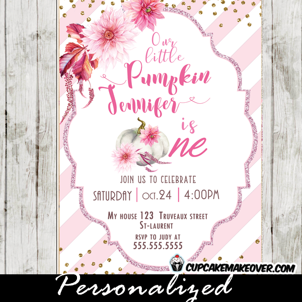 pumpkin 1st birthday invitations fall themed floral pink gold