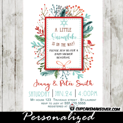 little snowflake on the way winter themed baby shower invitations berry wreath