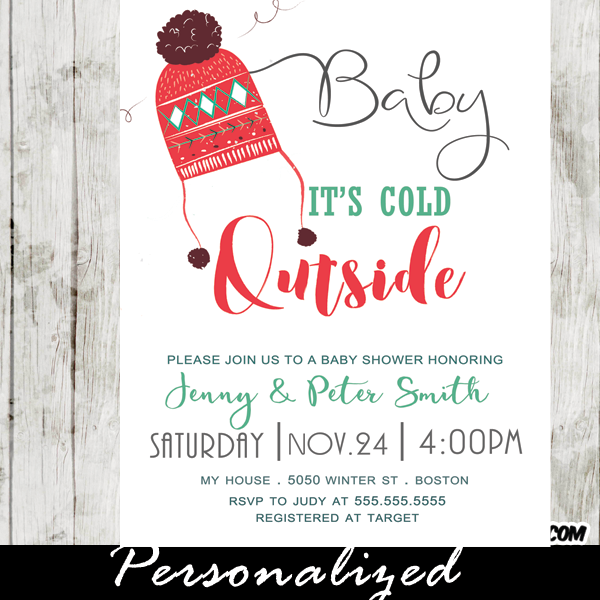 winter baby shower invitations ugly sweater pom pom beanie