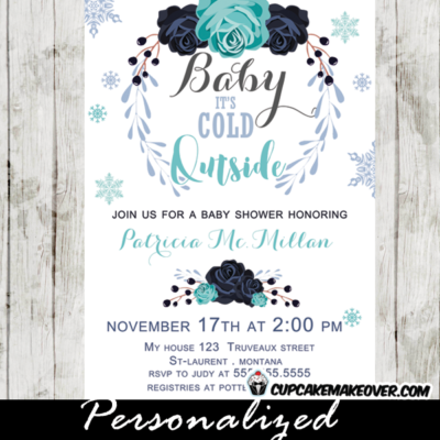 winter themed baby shower invitations blue floral wreath boys