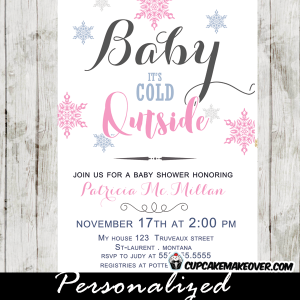 snowflake baby shower invitations pink girls baby it's cold outside