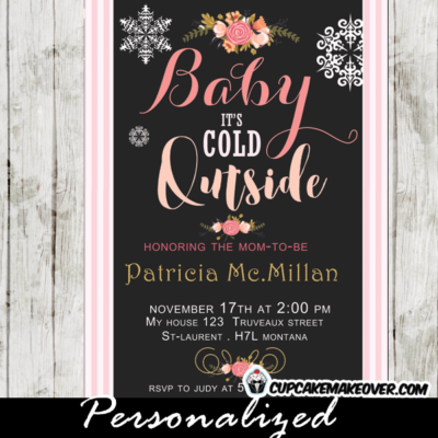 white snowflakes baby i's cold outside winter themed baby shower invitations girls pink stripes