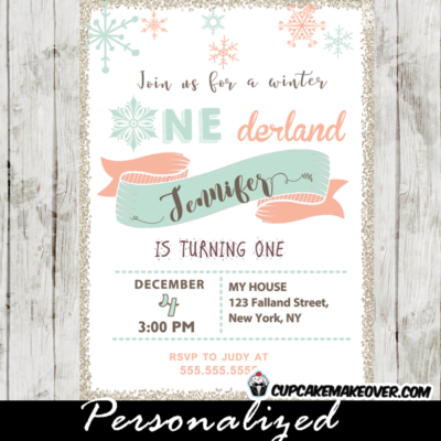 Winter Onederland Party Invitations First birthday girls pink blue snowflakes 1st birthday
