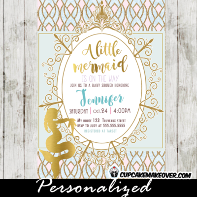 little mermaid baby shower invitations gold foil expectant mother to be aqua blue and pink royal gold frame
