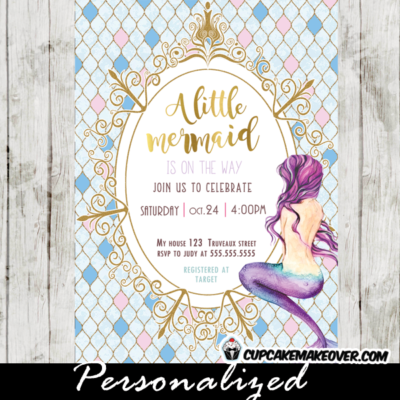 little mermaid baby shower invitations aqua blue and pink gold royal frame