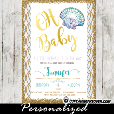 under the sea baby shower invitations shell clam teal and purple gold glitter beach blue pink little mermaid