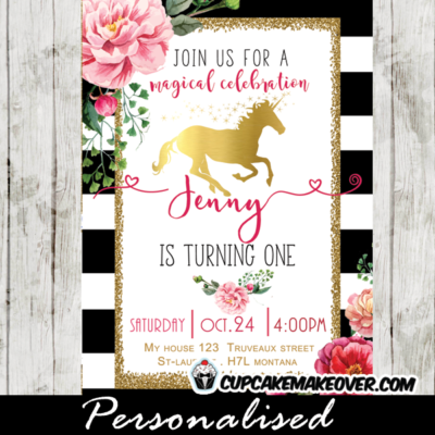 elegant gold foil unicorn birthday invitations floral black and white stripes princess pony horse theme