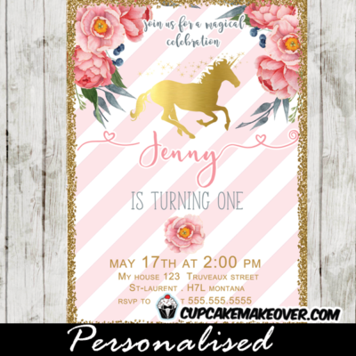 gold foil unicorn birthday invitations floral pink and white stripes