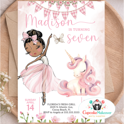 th Birthday Girl Invitation Ballerina Birthday Party Unicorn Birthday Theme Pink Floral Birthday Invite Dance / Ballet Party Invitation Editable Birthday Invitation Template