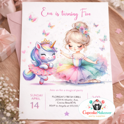 Ballerina Unicorn Birthday Invitation, Magical Fairytale Girl Birthday Invite, Rainbow Ballet Party, Editable Template