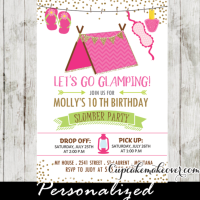 girls camping slumber party invitations sleepover birthday party ideas pink tent