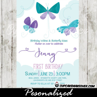 teal blue purple first 1st 2nd butterfly birthday invitations party girls