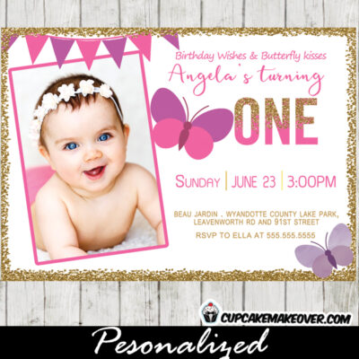first 1st 2nd butterfly birthday invitations party pink purple bunting gold glitter photo girls