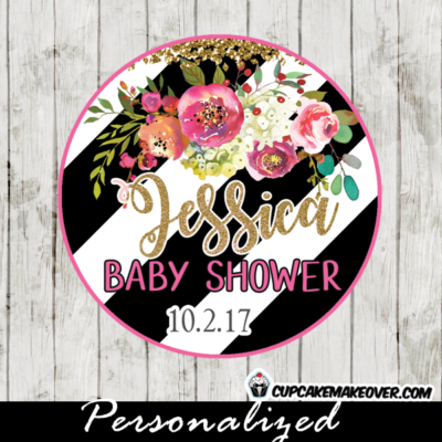flower garden thank you tags for baby shower birthday party black and white striped cupcake toppers gold