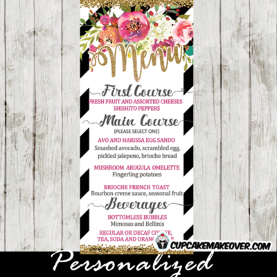 black and white striped flower garden baby shower menu cards table food ideas