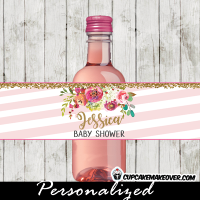 flower garden floral water bottle labels wrappers personalized pink stripes gold